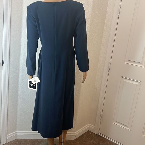 Patrick Petites Dress Size 4P 💯 Silk Teal Green Midi Long Sleeve Side Slits - Picture 6 of 11
